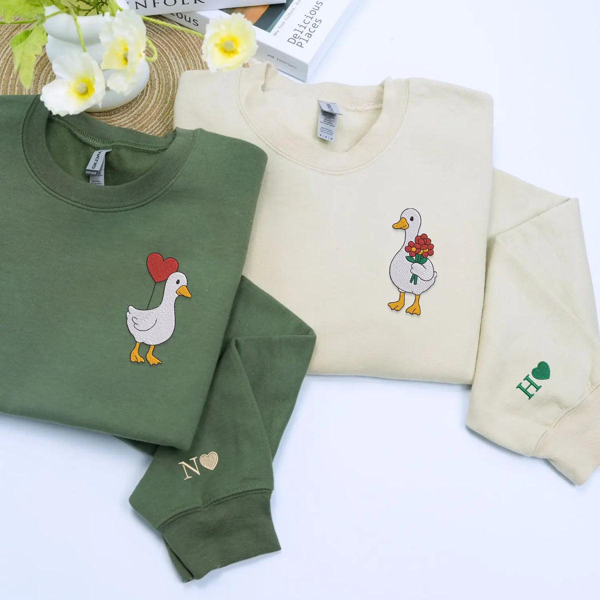 Embroidered silly goose Valentine sweatshirt for couples with custom text on sleeve, cozy matching hoodie gift