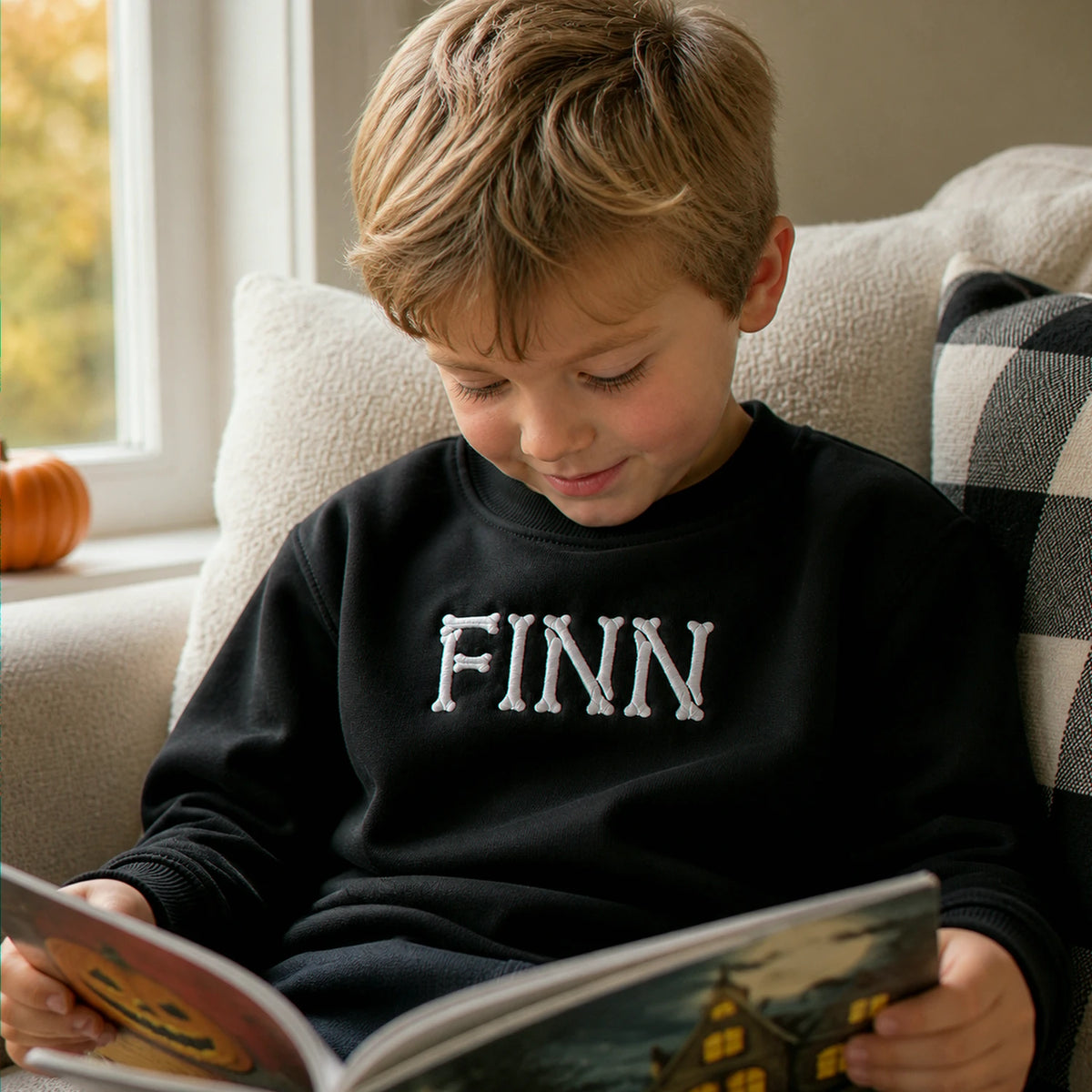 Personalized Halloween Kid Sweatshirt for School - Custom Embroidered Skeleton Name Sweater