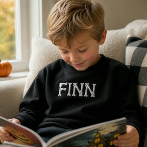 Personalized Halloween Kid Sweatshirt for School - Custom Embroidered Skeleton Name Sweater