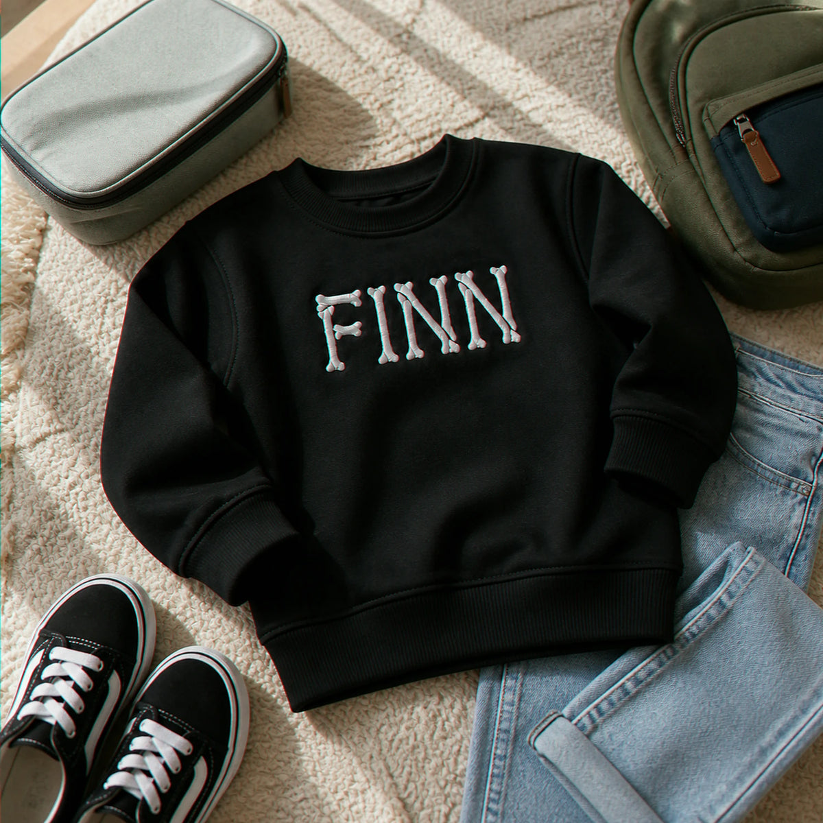 Personalized Halloween Kid Sweatshirt for School - Custom Embroidered Skeleton Name Sweater