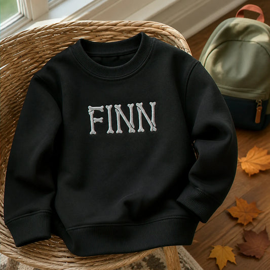 Personalized Halloween Kid Sweatshirt for School - Custom Embroidered Skeleton Name Sweater