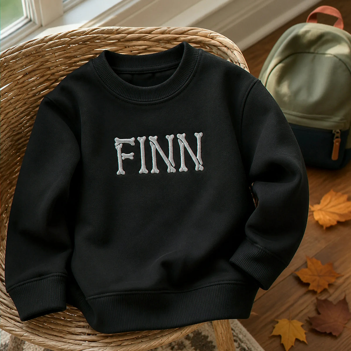 Personalized Halloween Kid Sweatshirt for School - Custom Embroidered Skeleton Name Sweater