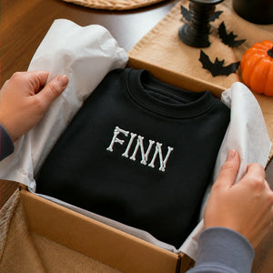 Personalized Halloween Kid Sweatshirt for School - Custom Embroidered Skeleton Name Sweater