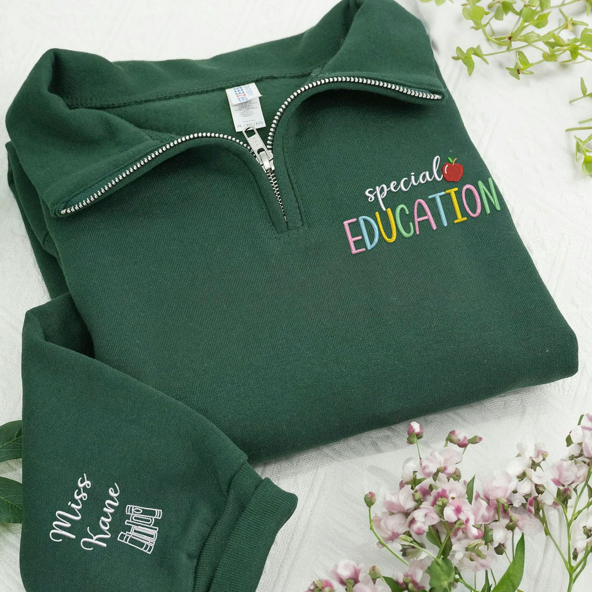 Personalized Teacher Quarter Zip for Special Education - Embroidered Colorful SPED & Apple 1/4 Zip Sweatshirt Gift