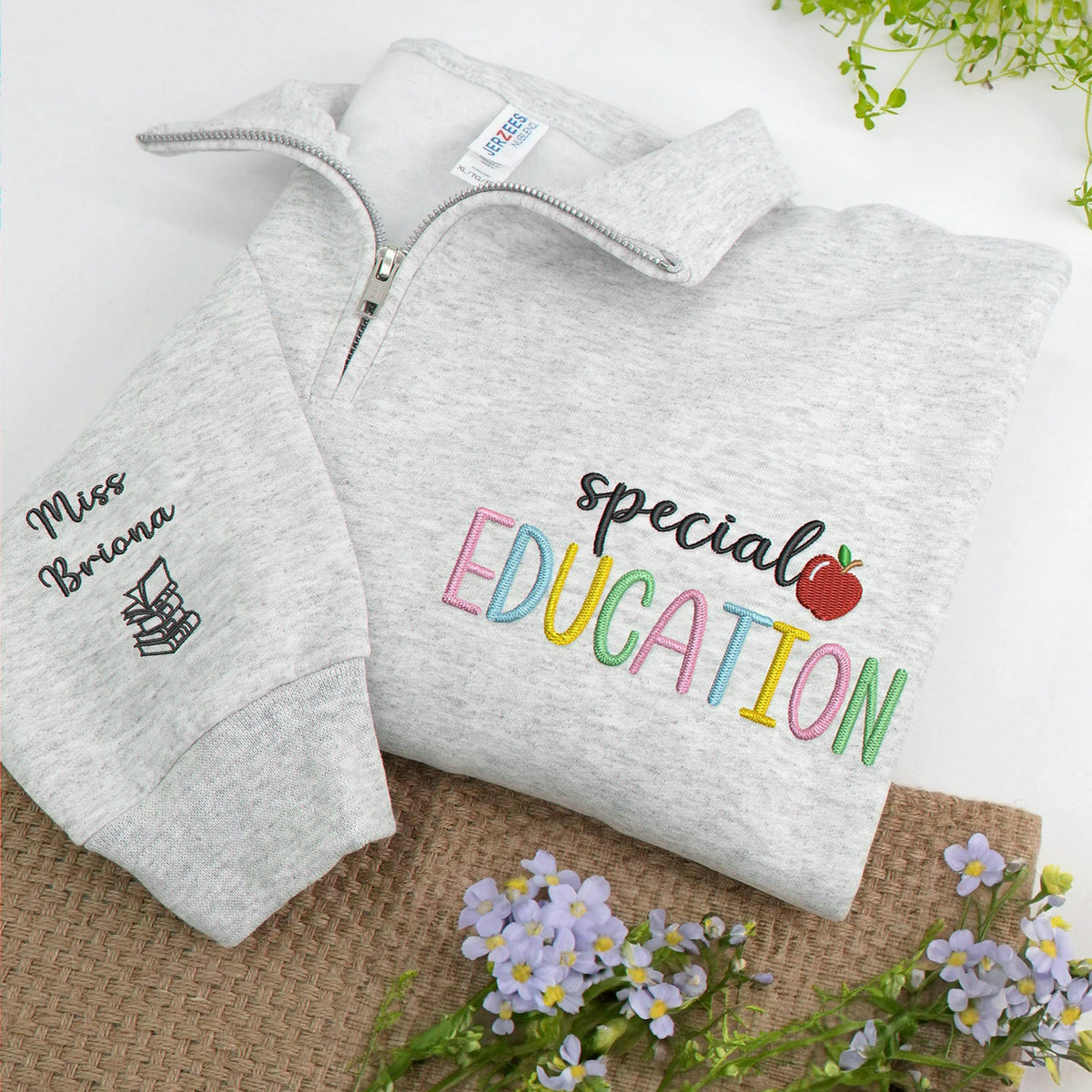 Personalized Teacher Quarter Zip for Special Education - Embroidered Colorful SPED & Apple 1/4 Zip Sweatshirt Gift