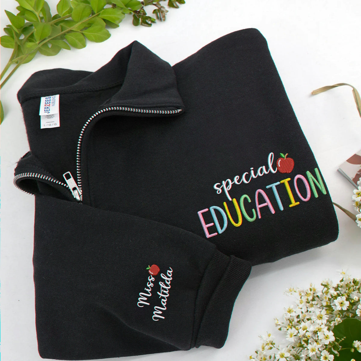 Personalized Teacher Quarter Zip for Special Education - Embroidered Colorful SPED & Apple 1/4 Zip Sweatshirt Gift