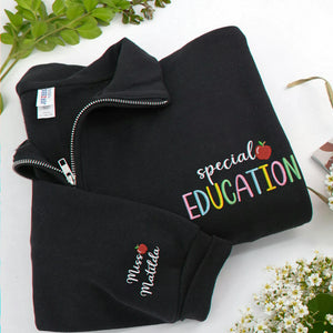 Personalized Teacher Quarter Zip for Special Education - Embroidered Colorful SPED & Apple 1/4 Zip Sweatshirt Gift