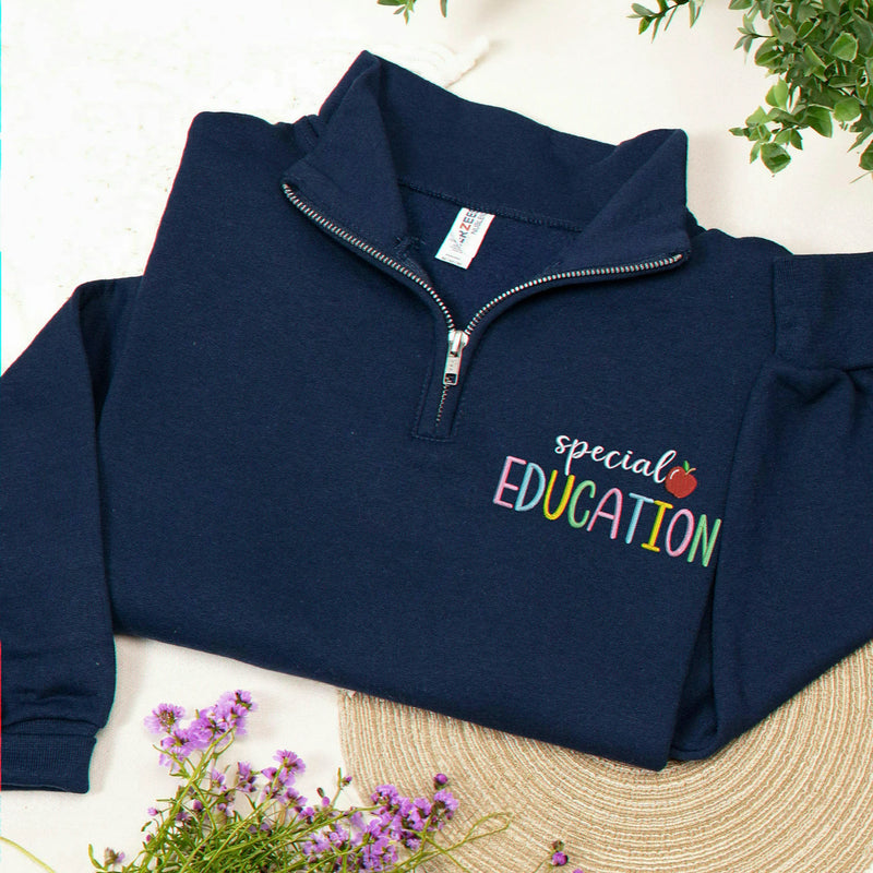 Personalized Teacher Quarter Zip for Special Education - Embroidered Colorful SPED & Apple 1/4 Zip Sweatshirt Gift