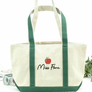 Personalized Kindergarten Teacher Tote Bag, Embroidered Apple Name Canvas Tote