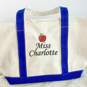 Personalized Kindergarten Teacher Tote Bag, Embroidered Apple Name Canvas Tote