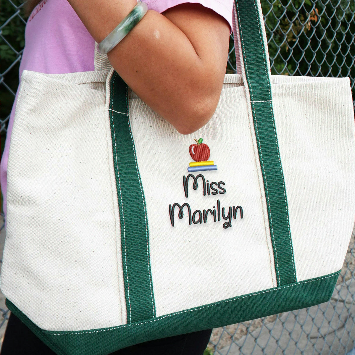 Personalized Kindergarten Teacher Tote Bag, Embroidered Apple Name Canvas Tote