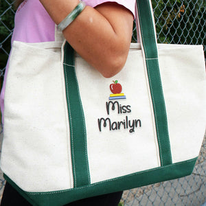 Personalized Kindergarten Teacher Tote Bag, Embroidered Apple Name Canvas Tote