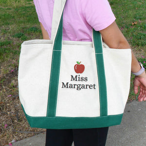 Personalized Kindergarten Teacher Tote Bag, Embroidered Apple Name Canvas Tote