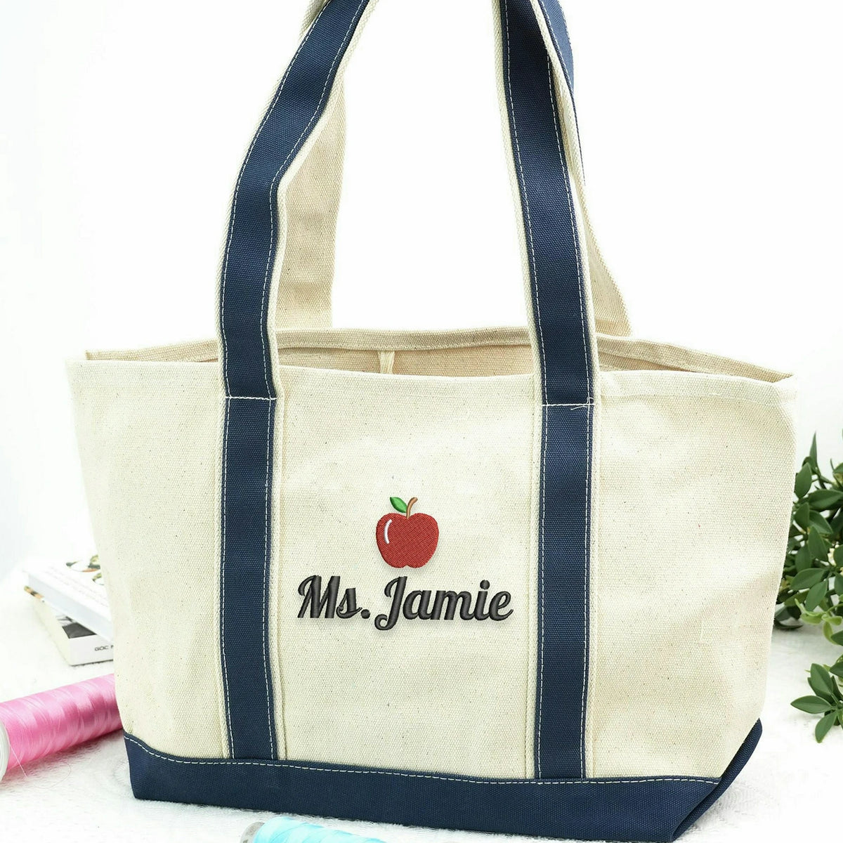 Personalized Kindergarten Teacher Tote Bag, Embroidered Apple Name Canvas Tote
