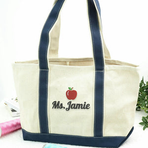 Personalized Kindergarten Teacher Tote Bag, Embroidered Apple Name Canvas Tote