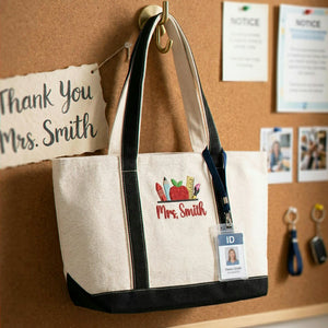 Embroidered Birthday Teacher Tote Bag - Personalized Name, Boho Apple Pencil Icon