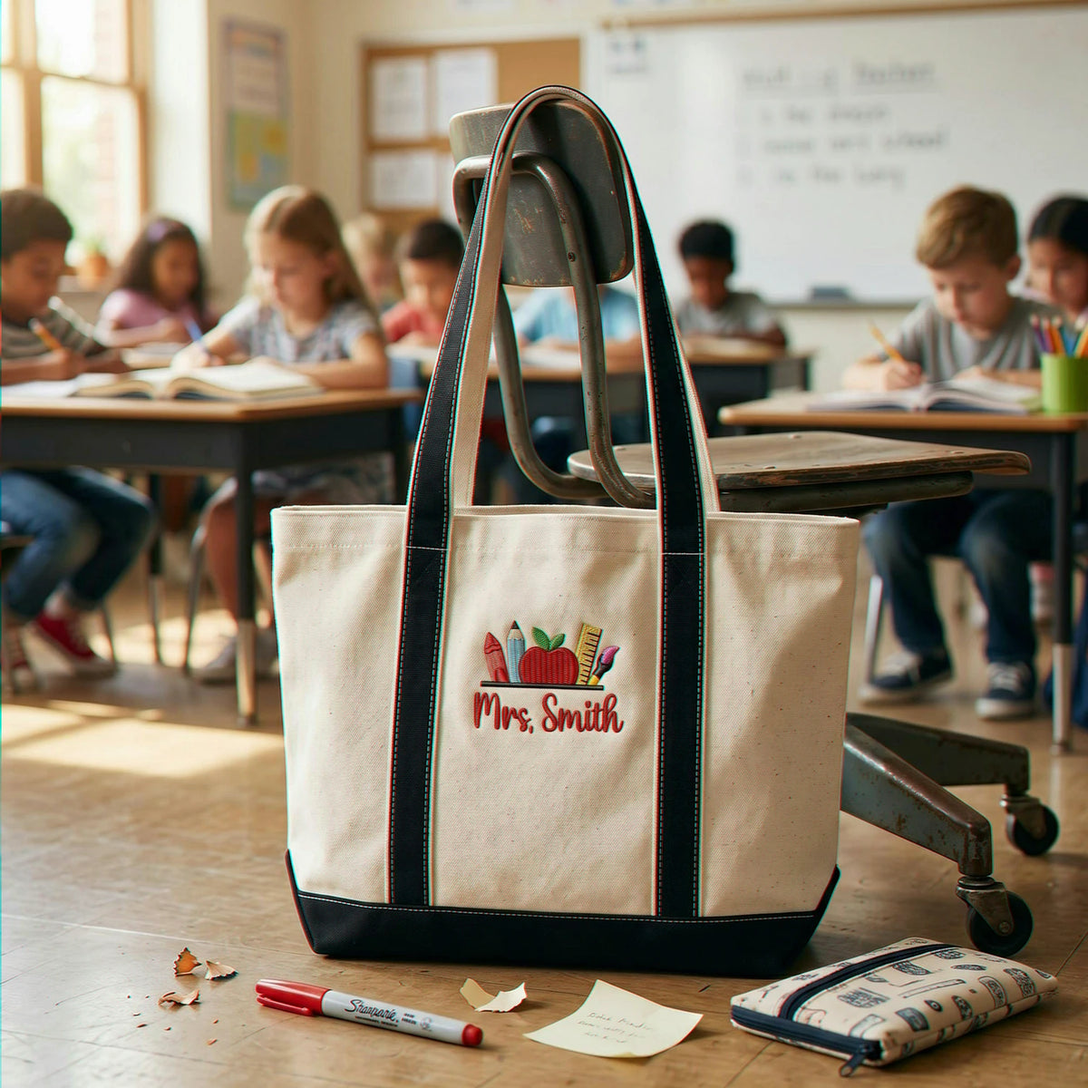 Embroidered Birthday Teacher Tote Bag - Personalized Name, Boho Apple Pencil Icon