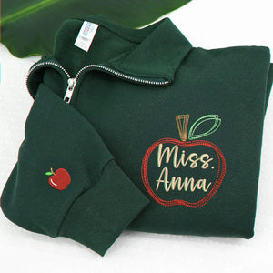 Personalized Back to School Teacher Quarter Zip - Embroidered Apple Name Frame, Teacher Appreciation Gift