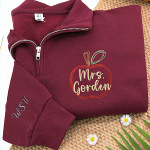 Personalized Back to School Teacher Quarter Zip - Embroidered Apple Name Frame, Teacher Appreciation Gift