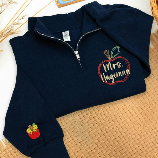 Personalized Back to School Teacher Quarter Zip - Embroidered Apple Name Frame, Teacher Appreciation Gift