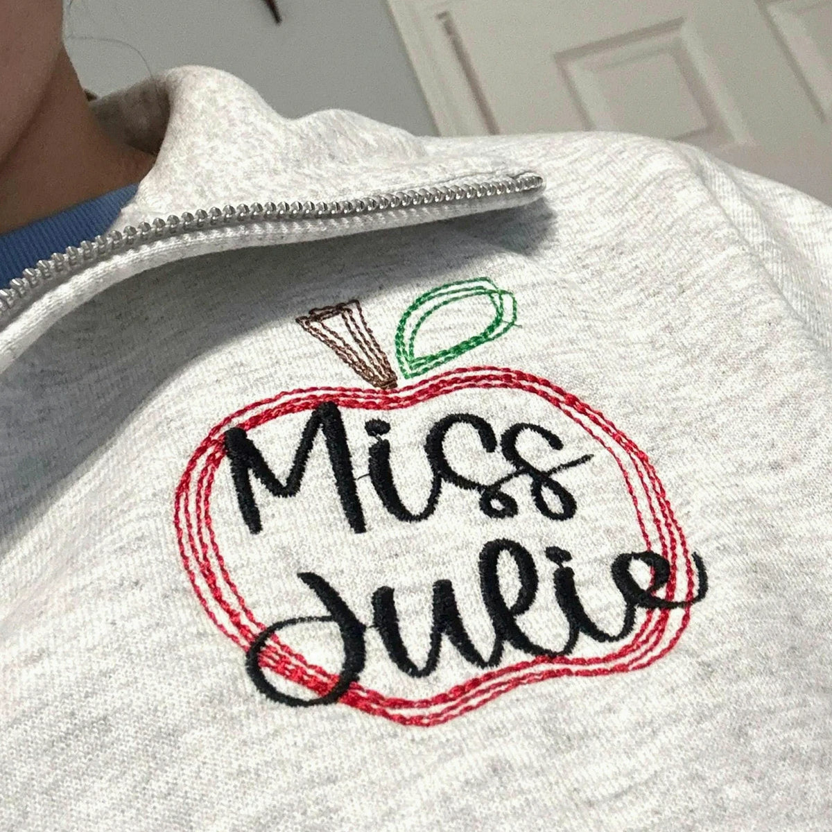 Personalized Back to School Teacher Quarter Zip - Embroidered Apple Name Frame, Teacher Appreciation Gift