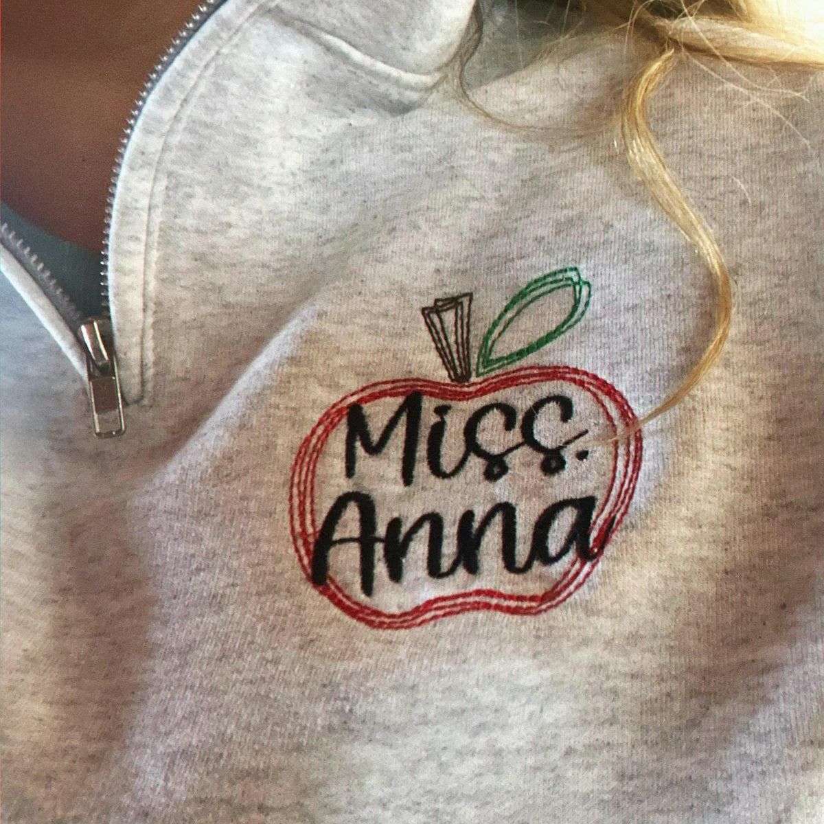Personalized Back to School Teacher Quarter Zip - Embroidered Apple Name Frame, Teacher Appreciation Gift