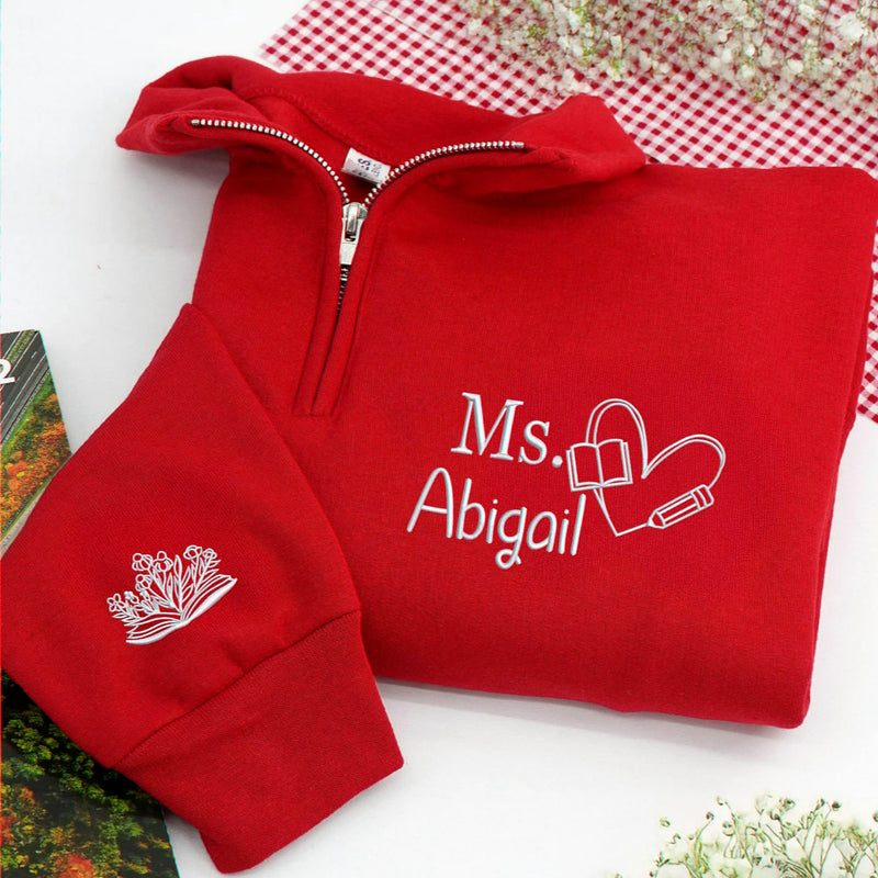 Personalized New Teacher Quarter Zip for Sister - Embroidered Minimalist Name & Pencil Heart - First Time Teacher Gift for Her