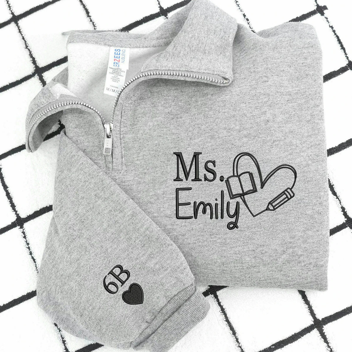 Personalized New Teacher Quarter Zip for Sister - Embroidered Minimalist Name & Pencil Heart - First Time Teacher Gift for Her