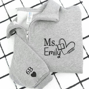 Personalized New Teacher Quarter Zip for Sister - Embroidered Minimalist Name & Pencil Heart - First Time Teacher Gift for Her