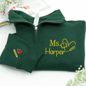 Personalized New Teacher Quarter Zip for Sister - Embroidered Minimalist Name & Pencil Heart - First Time Teacher Gift for Her
