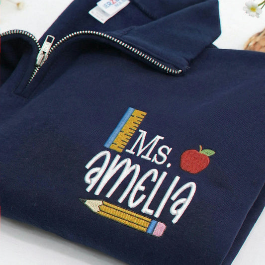 Personalized Teacher Quarter Zip for Birthday Mom - Embroidered Name 1/4-Zip Sweatshirt & School Icon - Appreciation Gift