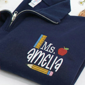 Personalized Teacher Quarter Zip for Birthday Mom - Embroidered Name 1/4-Zip Sweatshirt & School Icon - Appreciation Gift