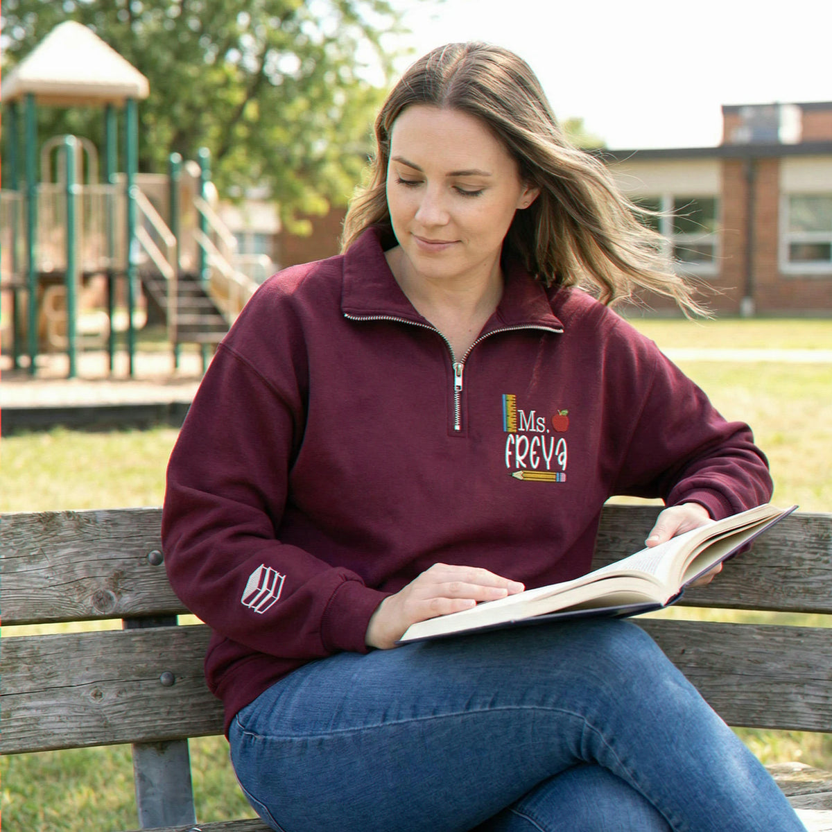 Personalized Teacher Quarter Zip for Birthday Mom - Embroidered Name 1/4-Zip Sweatshirt & School Icon - Appreciation Gift