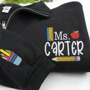 Personalized Teacher Quarter Zip for Birthday Mom - Embroidered Name 1/4-Zip Sweatshirt & School Icon - Appreciation Gift