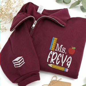 Personalized Teacher Quarter Zip for Birthday Mom - Embroidered Name 1/4-Zip Sweatshirt & School Icon - Appreciation Gift