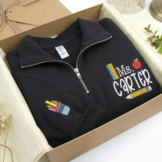 Personalized Teacher Quarter Zip Sweatshirt, Name & School Icon Embroidery 1/4 Pullover