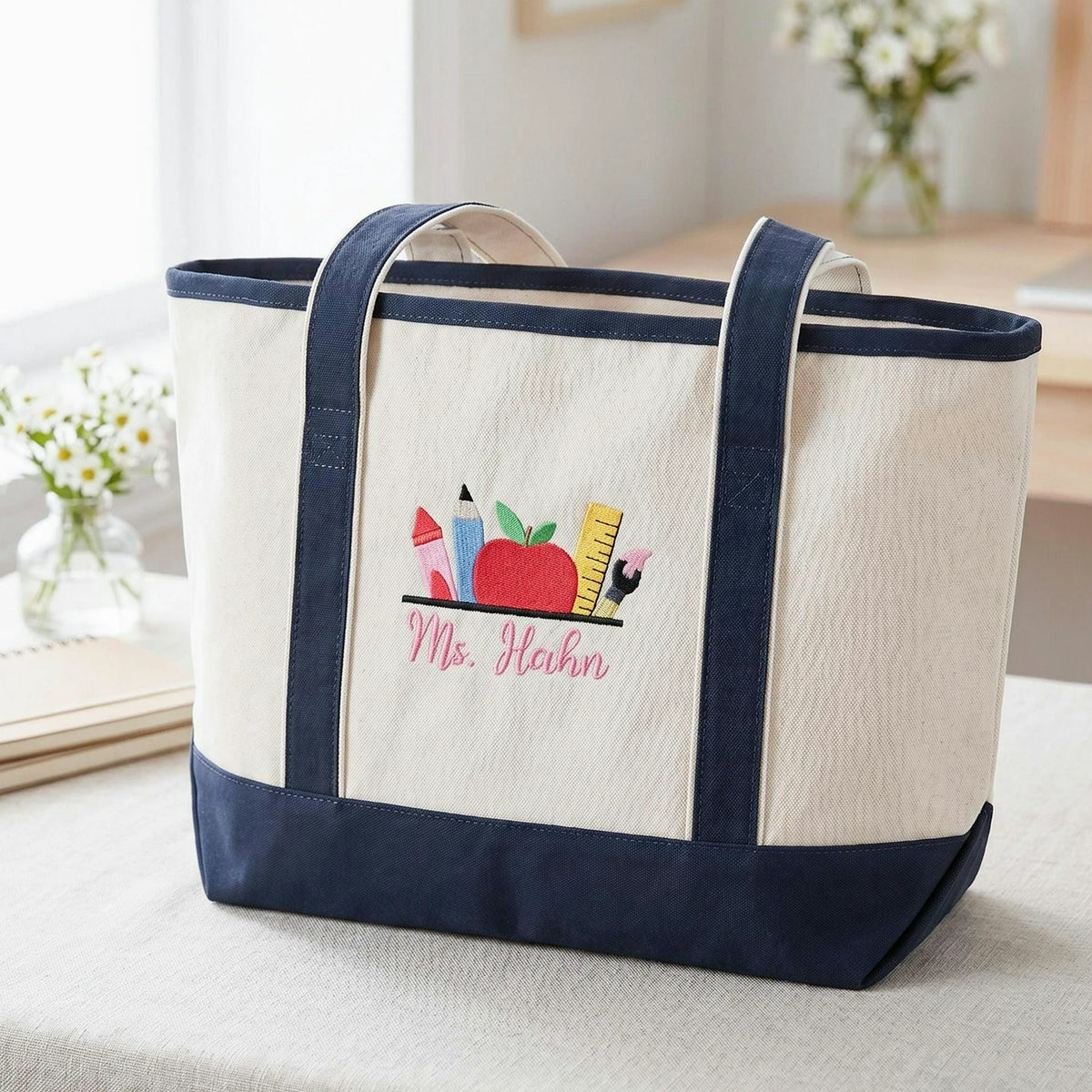 Personalized Back to School Teacher Canvas Tote Bag - Embroidered Name with Classroom Elements, Teacher Appreciation Gift