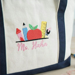 Personalized Back to School Teacher Canvas Tote Bag - Embroidered Name with Classroom Elements, Teacher Appreciation Gift