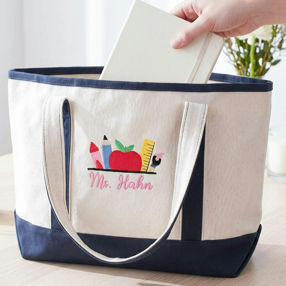 Personalized Back to School Teacher Canvas Tote Bag - Embroidered Name with Classroom Elements, Teacher Appreciation Gift