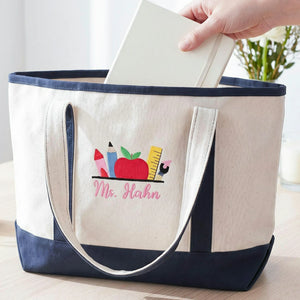 Personalized Back to School Teacher Canvas Tote Bag - Embroidered Name with Classroom Elements, Teacher Appreciation Gift