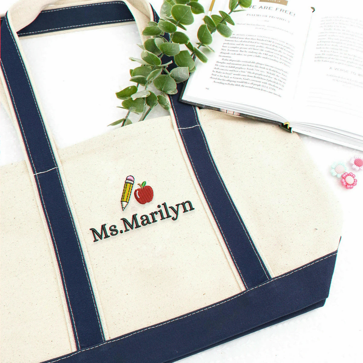 Embroidered Teacher Team Tote Bags - Personalized Names School Theme Icons