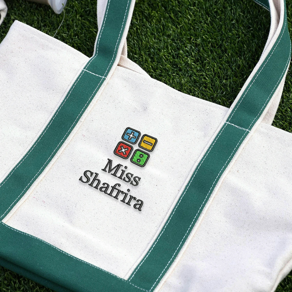 Embroidered Teacher Team Tote Bags - Personalized Names School Theme Icons