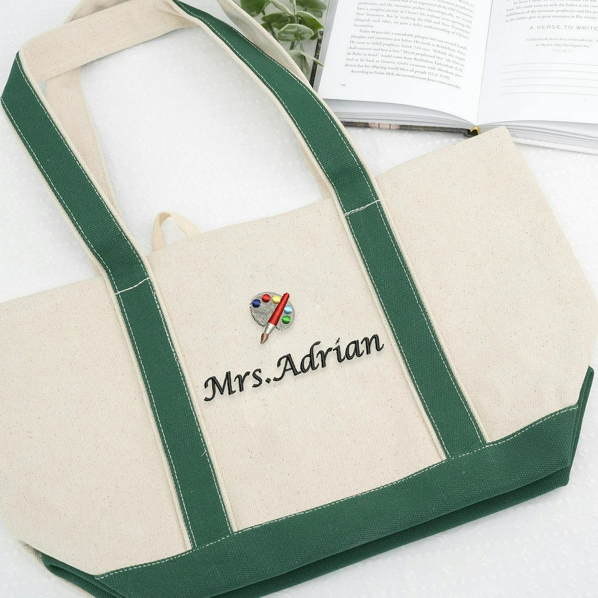 Embroidered Teacher Team Tote Bags - Personalized Names School Theme Icons