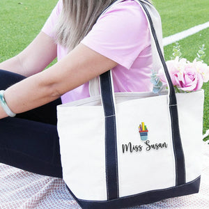 Embroidered Teacher Team Tote Bags - Personalized Names School Theme Icons