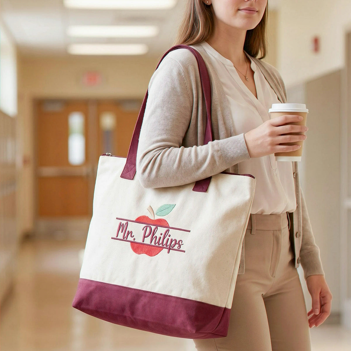 Personalized Split Monogram Teacher Zippered Bag - Custom Apple Name Embroidered Canvas Tote - Teacher Appreciation Gift