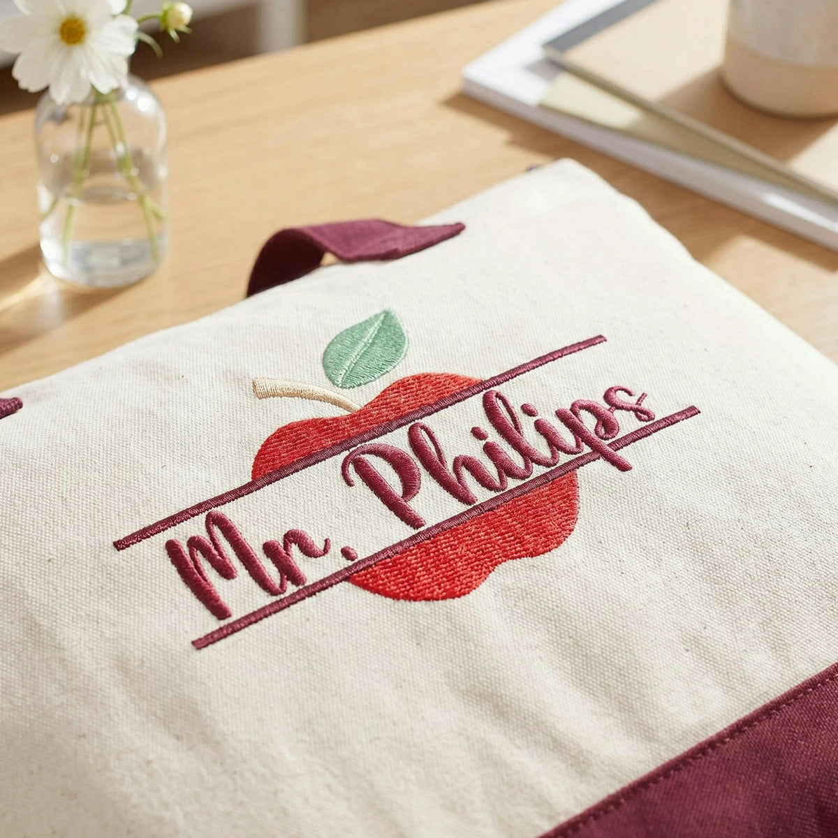 Personalized Split Monogram Teacher Zippered Bag - Custom Apple Name Embroidered Canvas Tote - Teacher Appreciation Gift