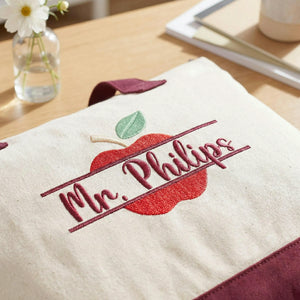 Personalized Split Monogram Teacher Zippered Bag - Custom Apple Name Embroidered Canvas Tote - Teacher Appreciation Gift