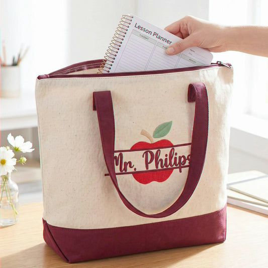 Personalized Split Monogram Teacher Zippered Bag - Custom Apple Name Embroidered Canvas Tote - Teacher Appreciation Gift