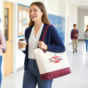 Personalized Split Monogram Teacher Zippered Bag - Custom Apple Name Embroidered Canvas Tote - Teacher Appreciation Gift