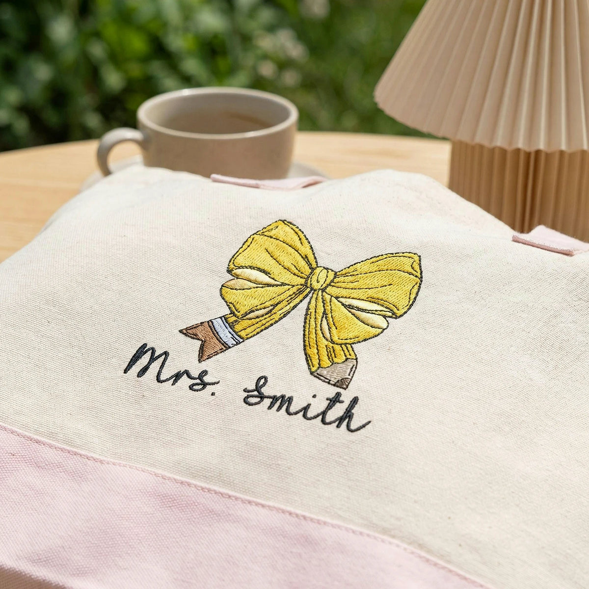Personalized Teacher Canvas Zippered Bag for Birthday Friend - Embroidered Canvas Tote with Name & Bow Pencil - Appreciation Gift